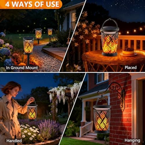 Solar Lanterns Outdoor Waterproof ,2 Pack Flickering Solar Flame Lights Upgraded Hanging Flame Lantern Pathway Torch Light Table Lamp, Auto On/ Off Porch Yard Gifts (1 Lighting Mode) - Thumbnail 6