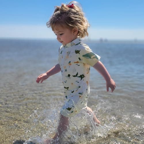 WYTbaby Baby Rash Guard Swimsuit Boy Girl with Sun Hat Infant Short Sleeve One Piece Zipper Sunsuit Toddler Quick Dry Swimwear 3-6 Months Beige - Thumbnail 6