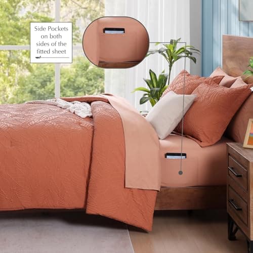 Geniospin Twin Comforter Set - 5 Pieces Burnt Orange Bedding Set, Botanical Textured Comforter Set, All Season Lightweight Bed in a Bag with Comforter, Sheets, Pillowcases & Shams - Thumbnail 4