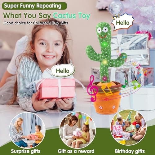 MIAODAM Dancing Talking Cactus Toy for Baby Toddler, Colorful Glowing Repeating What You Say, Singing Talking Mimicking Toy for Baby Dancing Cactus,Toys Gift for Kids Baby 1 Year Old - Thumbnail 3