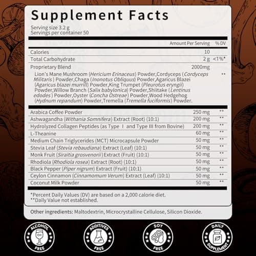 Catfit Instant Mushroom Coffee Powder, 10-in-1 Adaptogen Blend with Lion's Mane, Chaga & Cordyceps for Energy, Focus, Gut Health & Immune Support - 240g, 75 Servings - Thumbnail 2