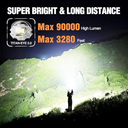 WdtPro Rechargeable LED Flashlights High Lumens, Super Bright 90000LM Rechargeable Flashlight with LCD Display, 5 Modes & Waterproof Powerful 10000mAh Handheld Flashlight for Camping Emergency - Thumbnail 6
