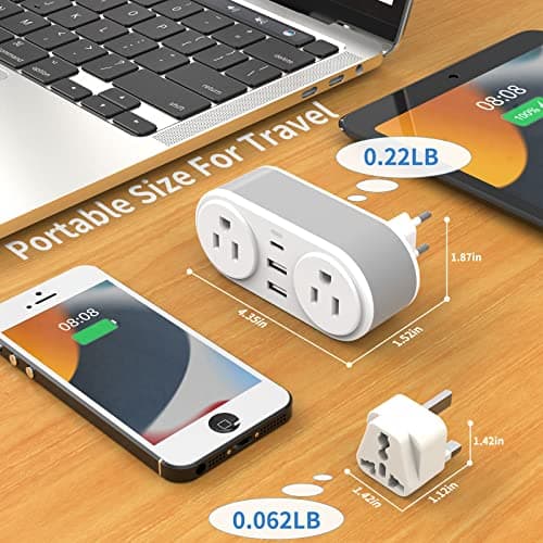 European Travel Plug Adapter for Europe & UK, CHUAFIUR International Power Plug with 2 AC Outlet and 3 USB Ports, Type C Adapter American to UK EU Ireland Italy Israel Spain France Travel Essentials - Thumbnail 4