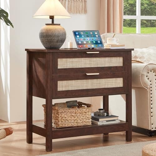 LEYAOYAO 31.5" Wide Rattan Night Stand with Charger Station, Oversized Large Walnut Nightstand with 2 Drawer, Boho Bed Side End Tables with Storage, Tall Bedside Table for Bedroom Living Room, Hallway - Image 1