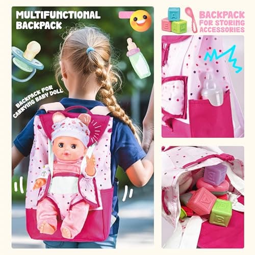 SMILESSKIDDO Baby Doll with Backpack Carrier, 14'' Realistic Dolls with Accessories, Includes Feeding Playset, Baby Care Set, Toddler Pretend Play Babydoll Toys for 1 2 3+ Year Old Kids Girls - Thumbnail 2