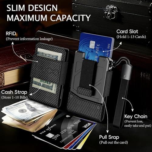 XZZUO Wallet for Men, RFID Blocking Minimalist Leather Pull-out Cloth Belt Wallet with Money Clip, Men's Wallet for 8-15 Cards & Cash, Pocket Fashion Credit Card Holder (Carbon Fiber) - Thumbnail 2