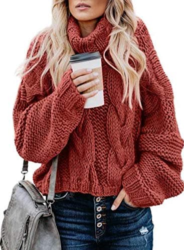 Dokotoo Women Winter Clothes Ladies Turtleneck High Neck Winter Clothes Long Sleeve Cable Knit Chunky Sweaters Pullover Outerwear Red XL - Image 1
