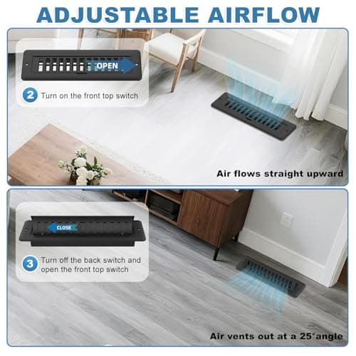 2x10 Floor Register with Vent Deflector, 2 in 1 Adjustable Floor Vent Covers, Floor Vent Deflector Includes Mounting Screws for Floor & Wall for Easy Install, Toe Kick Vent Cover, Black, 2 Pack - Thumbnail 6