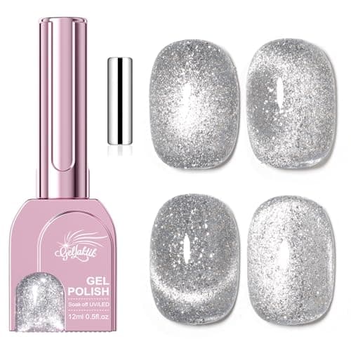 GELLAKTIK Silver Cat Eye Gel Nail Polish with Magnetic Stick - 12ML Glitter Magnetic Nail Polish for Multiple 3D Effects, Soak Off UV LED Gel Polish for DIY Manicure Salon Gifts for Women