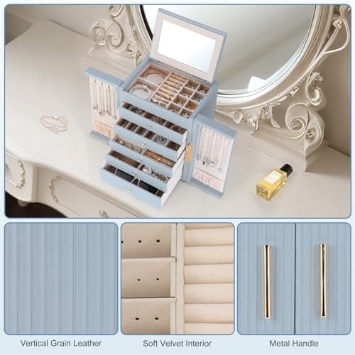 Dajasan Large Jewelry Organizer Box with Mirror, Jewelry Storage Organizer with 5 Drawers, 6-Tier Jewelry Gift Box for Women, Girls, Friends, Wife or Mother, Gift Idea (Smoky Blue) - Thumbnail 5