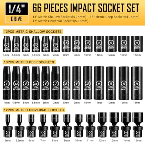 BOEN 1/4" Drive Metric Impact Socket Set, 66-Piece (4-14mm) Deep & Shallow Kit, Includes 5-15mm Swivel Sockets, 72T Ratchet Handle, 2", 4", 6" Extension Bar, Adapters, Universal Joint & Impact Bit - Thumbnail 2