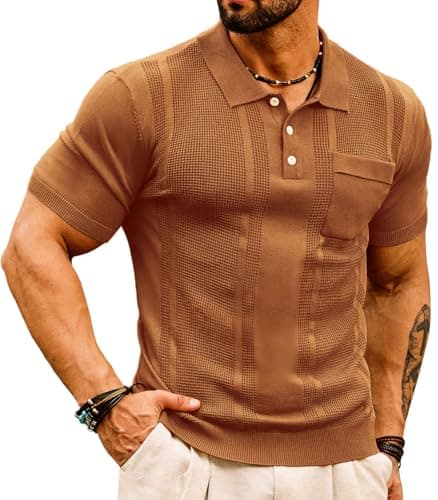 GRACE KARIN Polo Shirts for Men Casual Knit Polo Shirt Breathable Lightweight Caramel, S - Image 1