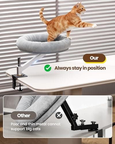 tomxcute Cat Desk Bed - Integrated Die-Cast Arm for Stability - 360° Rotation & Height Adjustable - 45 lbs Support - Cat Desk Perch for S/M/L Cat - Removable Washable Office Cat Bed with Wooden Base - Thumbnail 3
