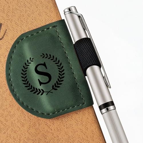 MOTEERLLU Magnetic Bookmark with Pen Holder, Initial Personalized Leather Magnetic Book Mark, Custom Bookmarks for Women & Men, Ideal Gift for Book Lovers