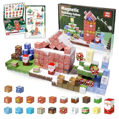Magnetic Blocks - 150 PCS Magnets Block Sensory Educational Interactive Building Toy Set for Toddlers Kindergarten Creative STEM Learning Gift, Magnet 0.8in Tiles Construction Suit, Snow and Christmas