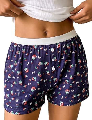 Frcdaunrs Summer Floral Shorts for Women Boxer Lounge Pj Bottom Casual Sleepwear Mini Cute Pajama Shorts Navy Cherry XL - Image 1