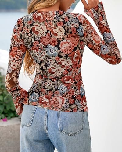 BTFBM Button Down Shirts for Women 2026 Spring Boho Tops V Neck Long Sleeve Blouses Ruched Mesh Fitted Fashion Clothing(Floral Black Red, Small) - Thumbnail 3