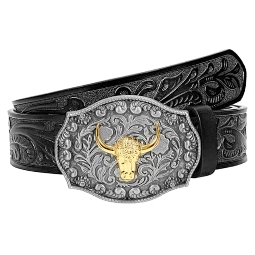 SANSTHS Mens Cowboy Belt Western Bull Buckle Belt for Men Womens Floral Embossed Leather Belts for Jeans, Black - Image 1