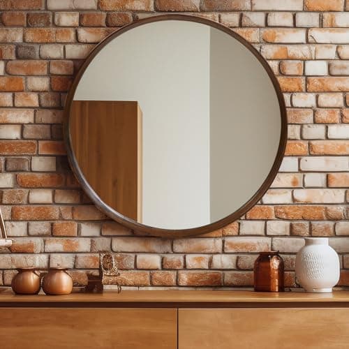 FRUMENSHIP Round Wood Frame Mirror 28 Inch, Brown Wall Circle Mirror for Bathroom, Nursery, and Wall Decor