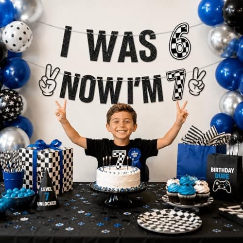 Black Glitter I Was 6 Now I'm 7 Birthday Banner, Two Fast Checkered Racing Theme 7th Birthday Party Decorations for Boys Girls, 6 to 7 Years Old Birthday Sign Garland Supplies - Thumbnail 2