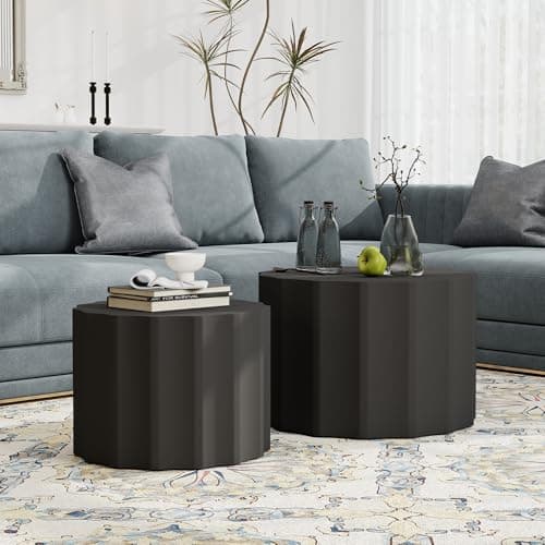 Furnivado Nesting Coffee Table Set of 2, Modern Round Coffee Table with Non-Slip Feet, Wooden Circle Accent Tables for Small Spaces, Side End Table for Living Room, Bedroom, Balcony, Office, Black - Image 1