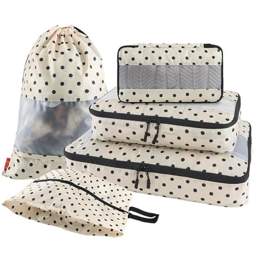 U+U 5 Set Packing Cubes for Travel Essentials Ultralight Luggage Packing Organizers with Laundry Bag and Shoe Bag for Vacation, Business Trip and Camping (Polka Dot) - Image 1