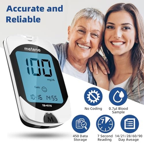 Metene TD-4116 Blood Glucose Monitor Kit, 100 Glucometer Strips, 100 Lancets, 1 Blood Sugar Monitor, Blood Sugar Test Kit with Control Solution, Lancing Device, No Coding, Large Display - Thumbnail 3