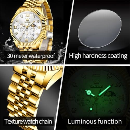 OLEVS Watches for Men Gold Stainless Steel Band, Classic Quartz Analog Wristwatch, White Dial Men's Dress Watch for Business and Daily Wear - Thumbnail 5