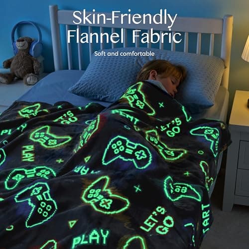Joiedomi Glow in The Dark Gaming Blanket Gamer Gifts for Boys Age 2 3 4 5 6 7 8 9 10 11 12 Year Old, Soft Cozy Flannel Kids Throw Blanket, Birthday Bedroom Decor Grey 50"×60" - Thumbnail 4