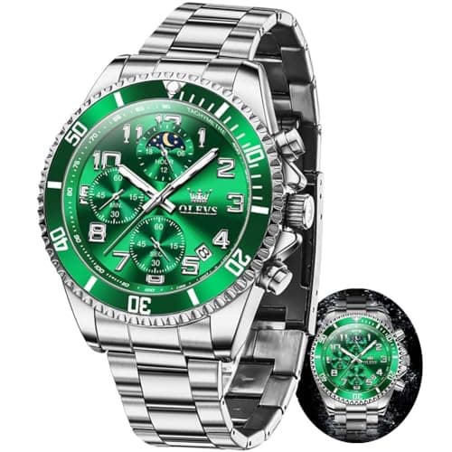 OLEVS Watches for Men Green Big Face Silver Stainless Steel Dress Chronograph Moon Phase Mens Watches Analog Quartz Cheap Waterproof Luminous Fashion Men's Wrist Watches