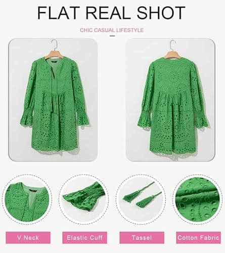 Dokotoo Prom Dress for Women 2026 Trendy Flare Long Sleeve Tassel V Neck Green Dresses Elegant A Line Hollow Out Lace Ruffle Casual Dress Plus Size Spring Clothes Large - Thumbnail 4