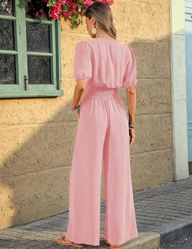 LOOKBOHO Womens Jumpsuits Dressy Puff Smocked High Waist Short Sleeves Wide Leg Rompers Formal V Neck One Piece Pink XL - Thumbnail 3