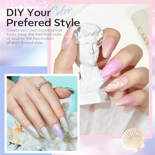 modelones Pearl Gel Nail Polish Set, 6 Colors 2026 Spring Aurora Iridescent Shimmer White Pink Purple Mermaid Nail Drawing Glitter Gel Polish LED Swirl Shell Thread Effect with Dotting Pen DIY Gift - Thumbnail 3
