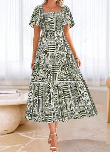 BTFBM Women's Clothing Wedding Guest Dresses Casual Boho Floral Short Sleeve Smocked Maxi Beach Spring Summer Dress 2026(Floral Grass Green, Large) - Thumbnail 2