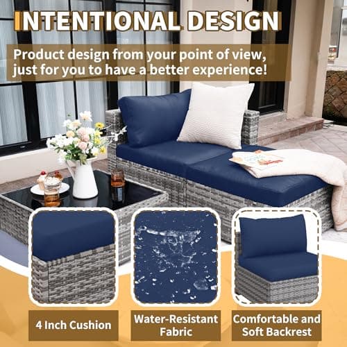 UDPATIO 5 Piece Patio Furniture Set, All-Weather Wicker Outdoor Sectional Sofa, L Shaped Outdoor Conversation Couch with Ottoman, Glass Table for Balcony Porch Backyard, Blue - Thumbnail 4