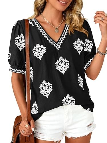 BTFBM Casual Summer Shirts for Women Beach Fashion Going Out Tops Vacation Short Sleeve Floral Boho Blouses Tunics(Black White Flower,X-Large) - Image 1