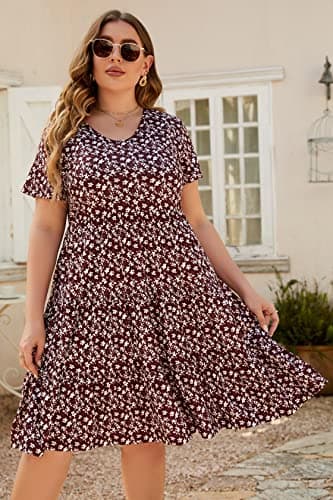 Younrui Plus Size Floral Dress for Women Short Sleeve Scoop Neck Flowy Aline Swing Ruffle Hem Tiered Casual Dresses (3XL-1001-BD Floral) - Thumbnail 4