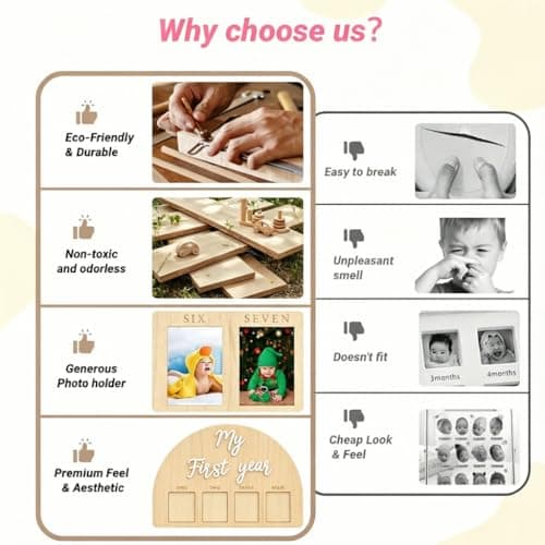 My First Year Photo Frame,wooden 12 month picture frame for baby first year, t 2x3 Inch Picture Holder With Hang Hooks, Desktop Display For Infant 0-12 Months, Birthday Party, Baby Birthday Keepsake Gift - Thumbnail 5