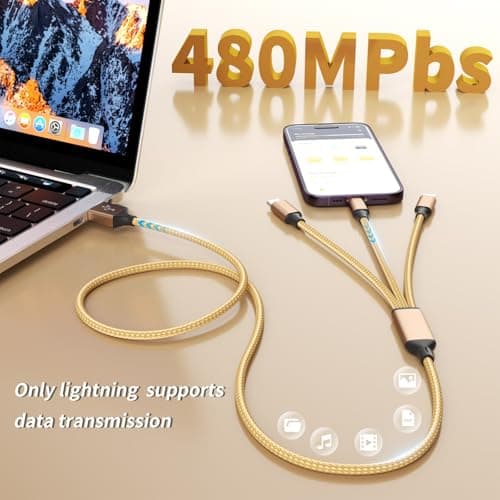 USB Multi Charging Cable for All Devices, Nylon 3 in 1 Multiple Charger Cable Charger with Multiple Connectors, USB A to USB C/Micro/Lightning USB Cable for iPhone 17-8 Pro Max/Android/iPad, 2Pack 4FT - Thumbnail 3