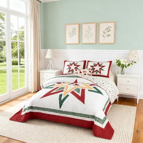 Vohanide Handmade Queen Size Patchwork Quilt Set with Embroidered Cardinal & Stars - Rustic Farmhouse Cotton Bedding - Crimson, Forest Green & Gold - All Season Decorative Quilt - Thumbnail 2