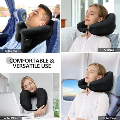 Sunany Neck Pillow for Travel Inflatable Airplane Pillow Comfortably Supports Head, Neck and Chin, Inflatable Travel Pillow with Soft Velour Cover and Portable Drawstring Bag (Black) - Thumbnail 2