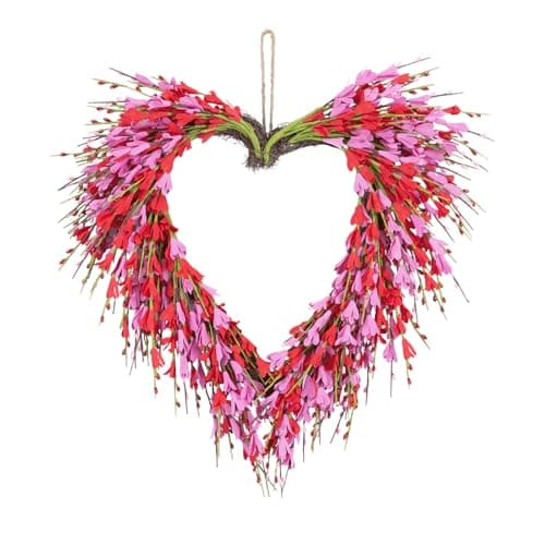 U'Artlines 18 Inch Valentine’s Day Wreath, Pink Red Forsythia Flower Heart Shaped Door Wreath with Cute Berries for Valentine’s Day Gift Wedding Anniversary Festival Front Door Wall Decor - Image 1