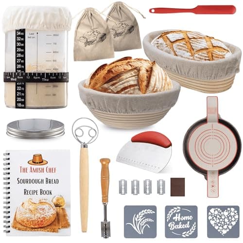 Complete Sourdough Bread Starter Kit, Glass Sourdough Starter Jar Kit & Tons of Sourdough Bread Baking Supplies - Sourdough Starter Kit Includes Sourdough Jar, Banneton Basket (2x Baskets and Jar) - Image 1