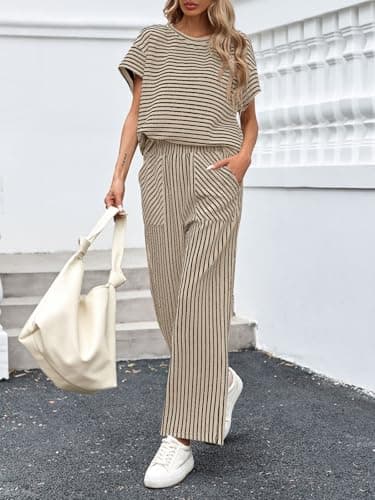 Tankaneo Womens Striped 2 Piece Sets Short Sleeve T Shirts Wide Leg Pants Matching Lounge Set with Pockets - Thumbnail 4