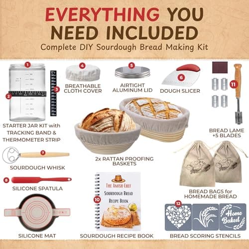 Complete Sourdough Bread Starter Kit, Glass Sourdough Starter Jar Kit & Tons of Sourdough Bread Baking Supplies - Sourdough Starter Kit Includes Sourdough Jar, Banneton Basket (2x Baskets and Jar) - Thumbnail 2