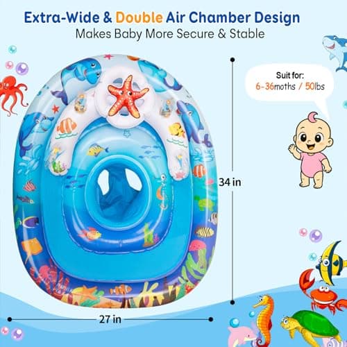 Baby Pool Float with Canopy,120° Adjustable UPF50+ Protection,Anti-Tip Safety Seat,Inflatable Toddler Floaties Infant Swim Ring,Thick PVC Pool Float with Animal Pool Toys,Beach Essentials for 3-36M - Thumbnail 3