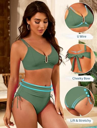 Nillocco Womens High Waisted Bikini Sets 2 Piece Curvy Modest Tummy Control Swimsuits Couture U-Wire Beach Swim Bathing Suit Army Green X-Large - Thumbnail 2