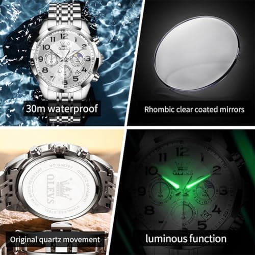 OLEVS Watch Men Silver Watch for Men Luxury Stainless Steel Big Face Dress Analog Quartz Simple Easy Read Mens Watches Moon Phase Chronograph Waterproof Luminous Men's Wrist Watches - Thumbnail 5