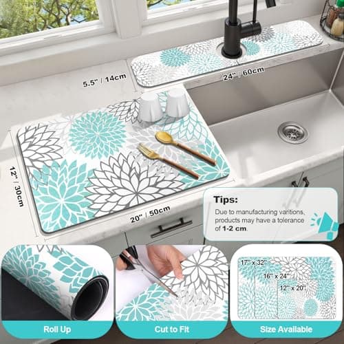 Findosom 2PCS 12" x 20" Dish Drying Mat & 24" x 5.5" Sink Splash Guard, Super Absorbent & Cuttable Dish Mat Drying Kitchen Mat with Teal Floral, Hide Stain Drying Mat for Kitchen Counter - Thumbnail 2
