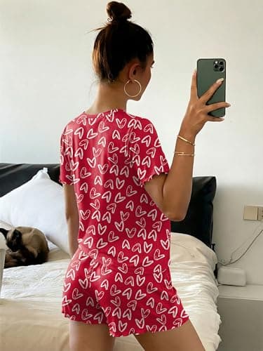 Ekouaer Cute Pajamas for Women Set 2 Piece Ribbed Pjs Short Sleeve Crop Top and Shorts Sleepwear Summer Soft Pajamas Set 2026 Y2K Lounge Sets Red Love Medium - Thumbnail 3